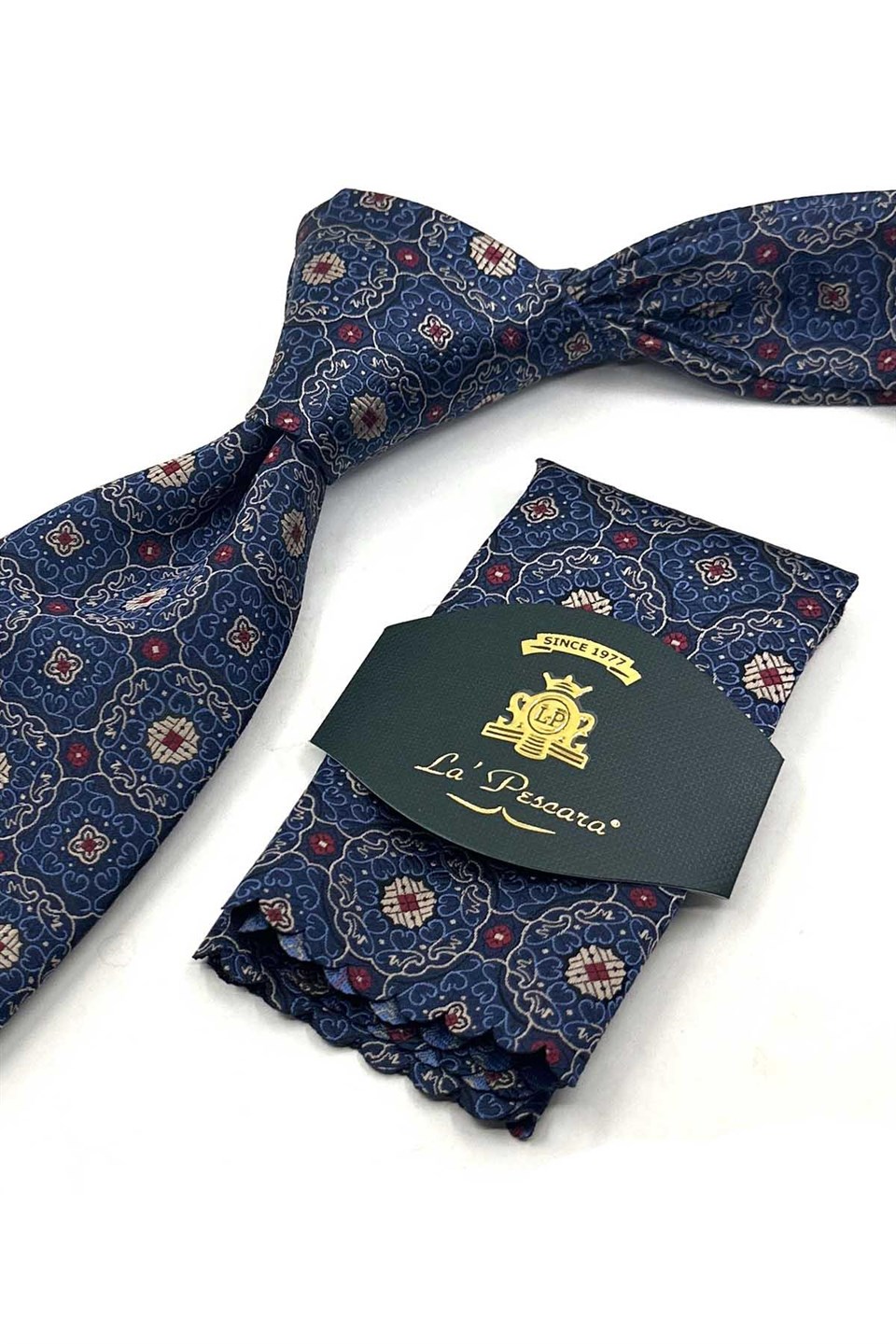 Lacivert Bej Motif Desen Mendilli Klasik Kravat KK13756
