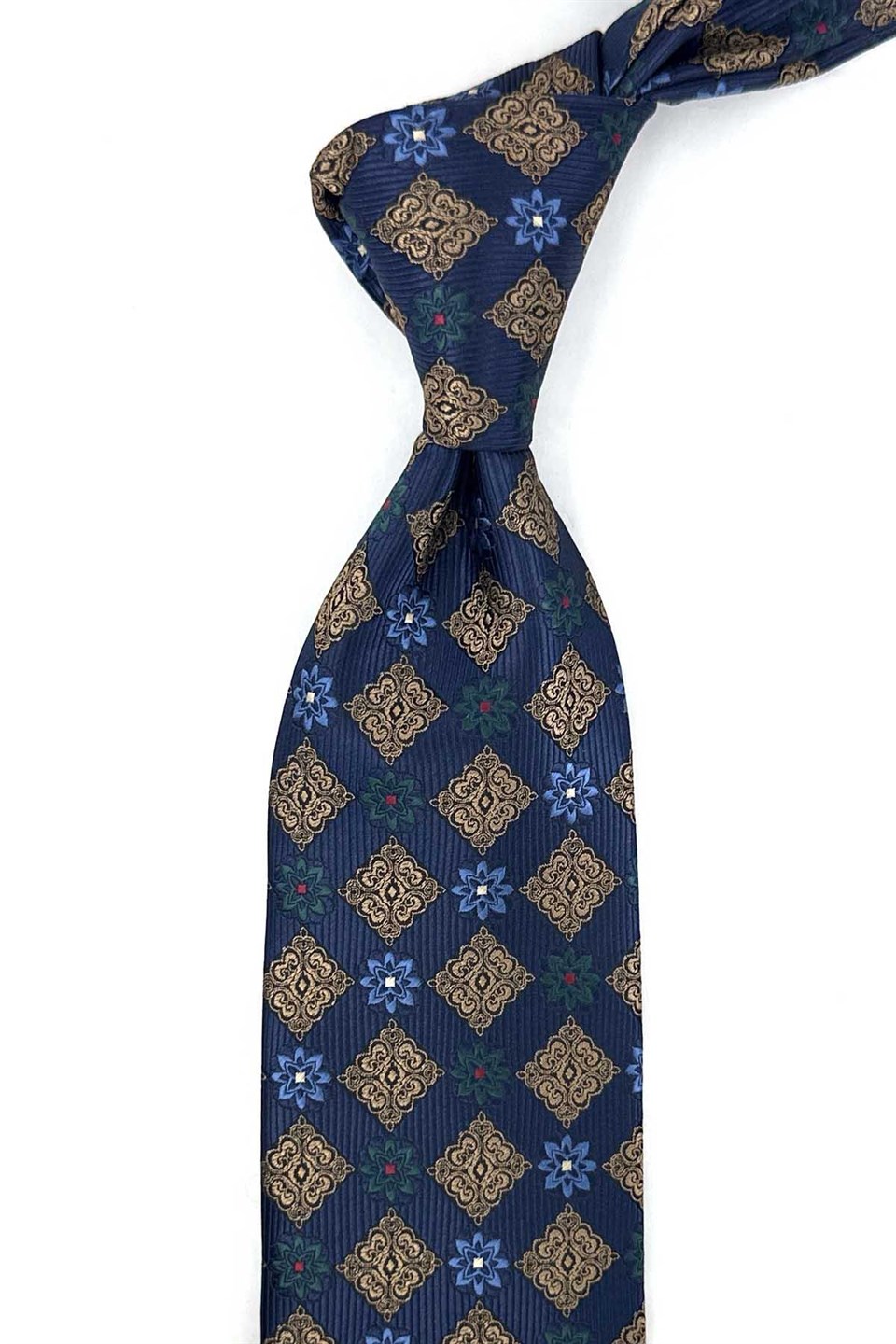 Lacivert Bej Motif Desen Mendilli Klasik Kravat KK13945