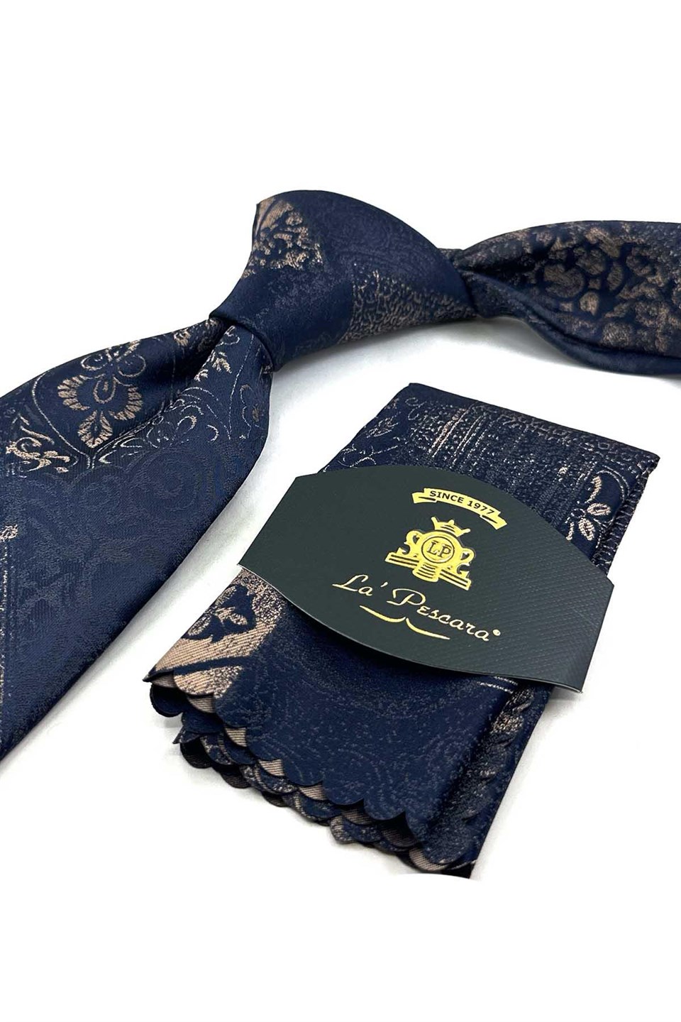 Lacivert Bej Motif Desen Mendilli Klasik Kravat KK13964
