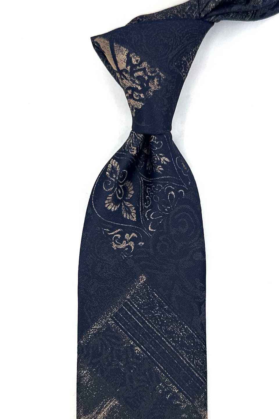 Lacivert Bej Motif Desen Mendilli Klasik Kravat KK13964