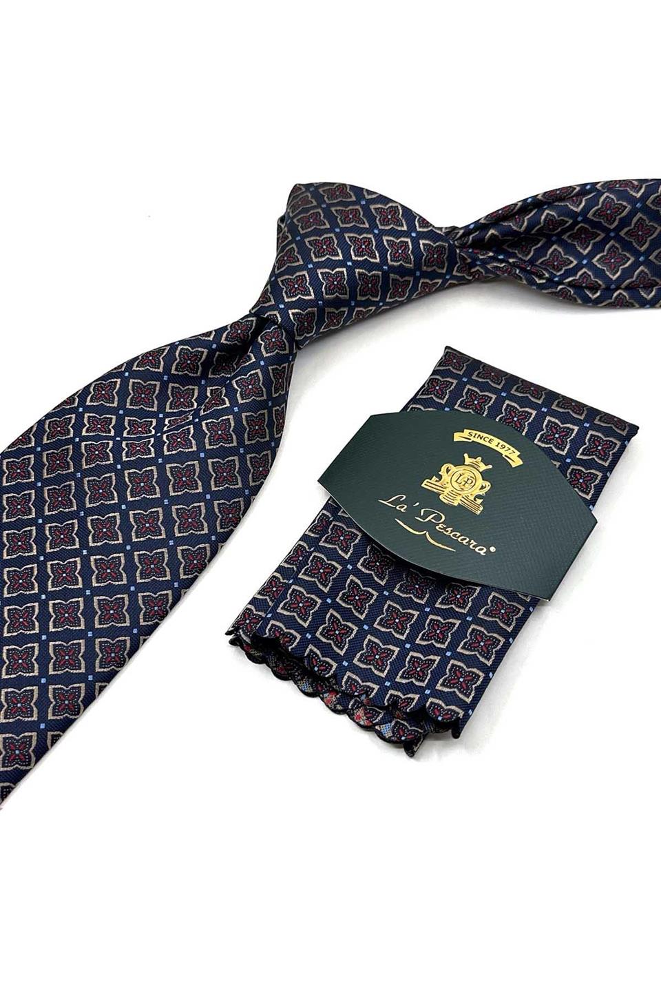 Lacivert - Bej Motif Desen Mendilli Klasik Kravat KK13482