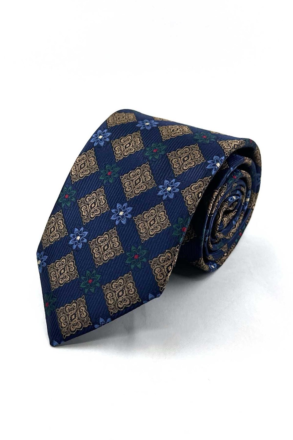 Lacivert Bej Motif Desen Mendilli Klasik Kravat KK13945