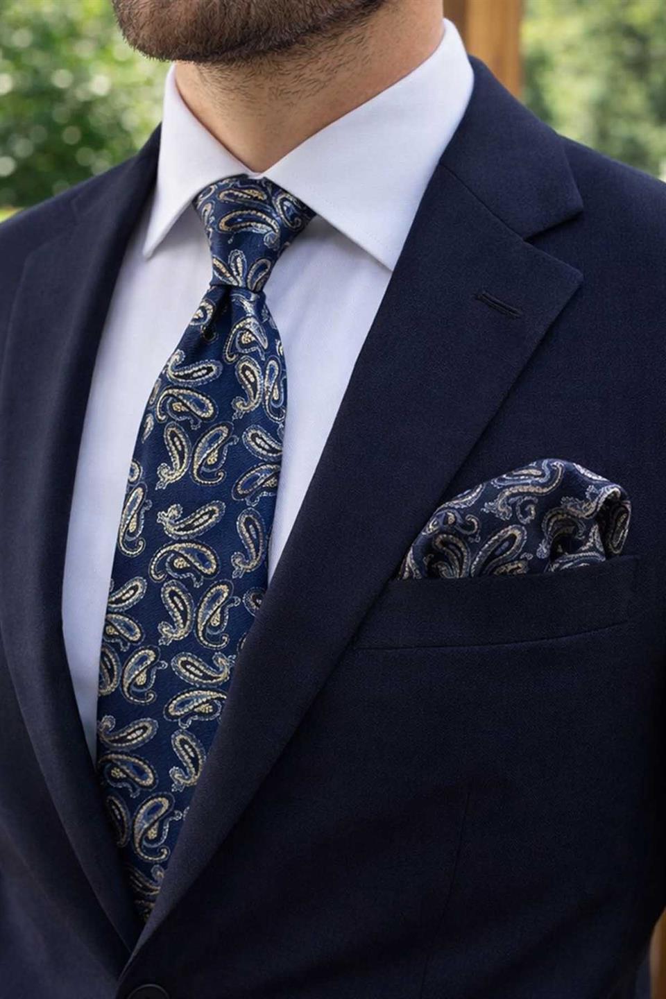 Lacivert - Bej Şal Desen Mendilli Klasik Kravat KK13559