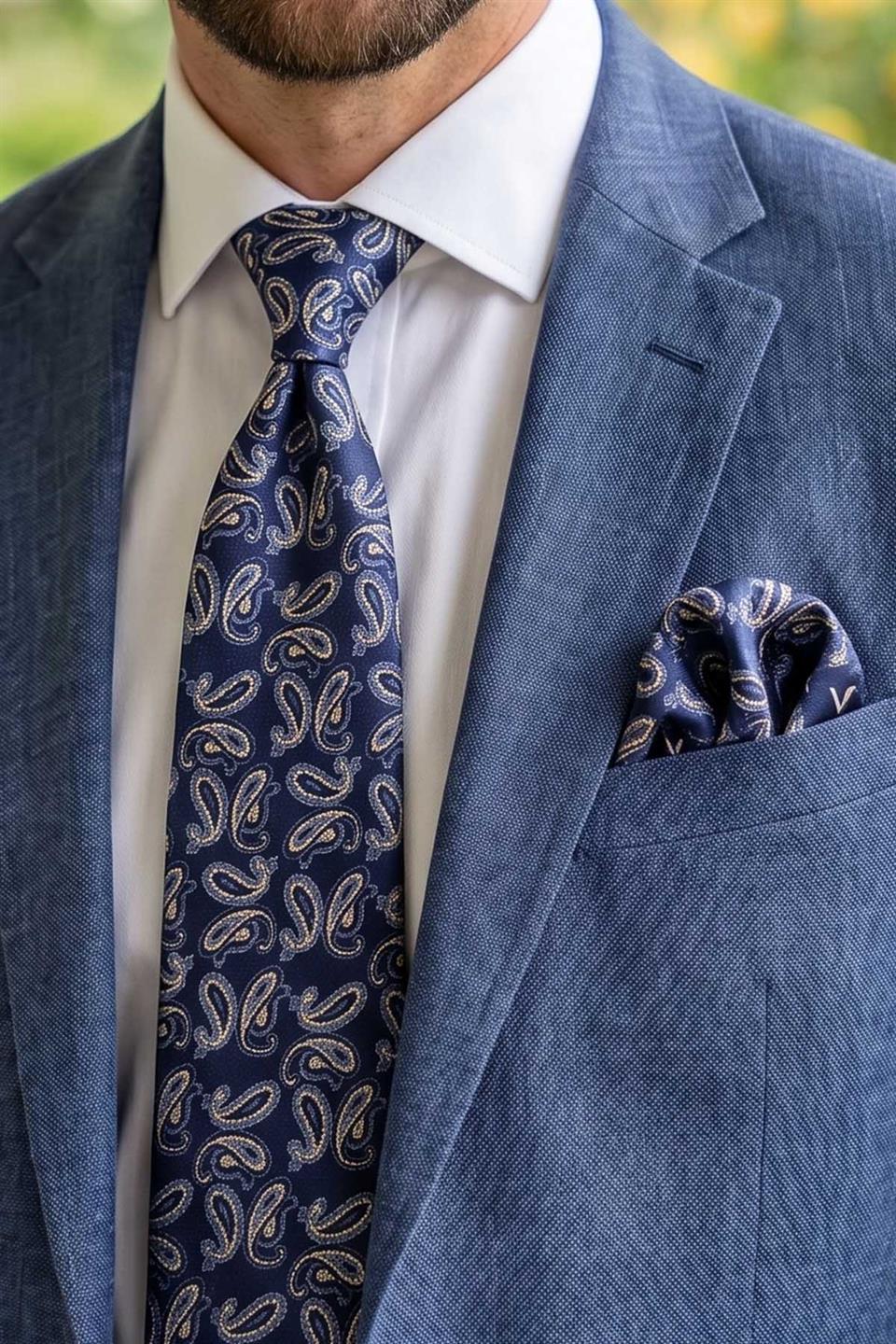 Lacivert - Bej Şal Desen Mendilli Klasik Kravat KK13559