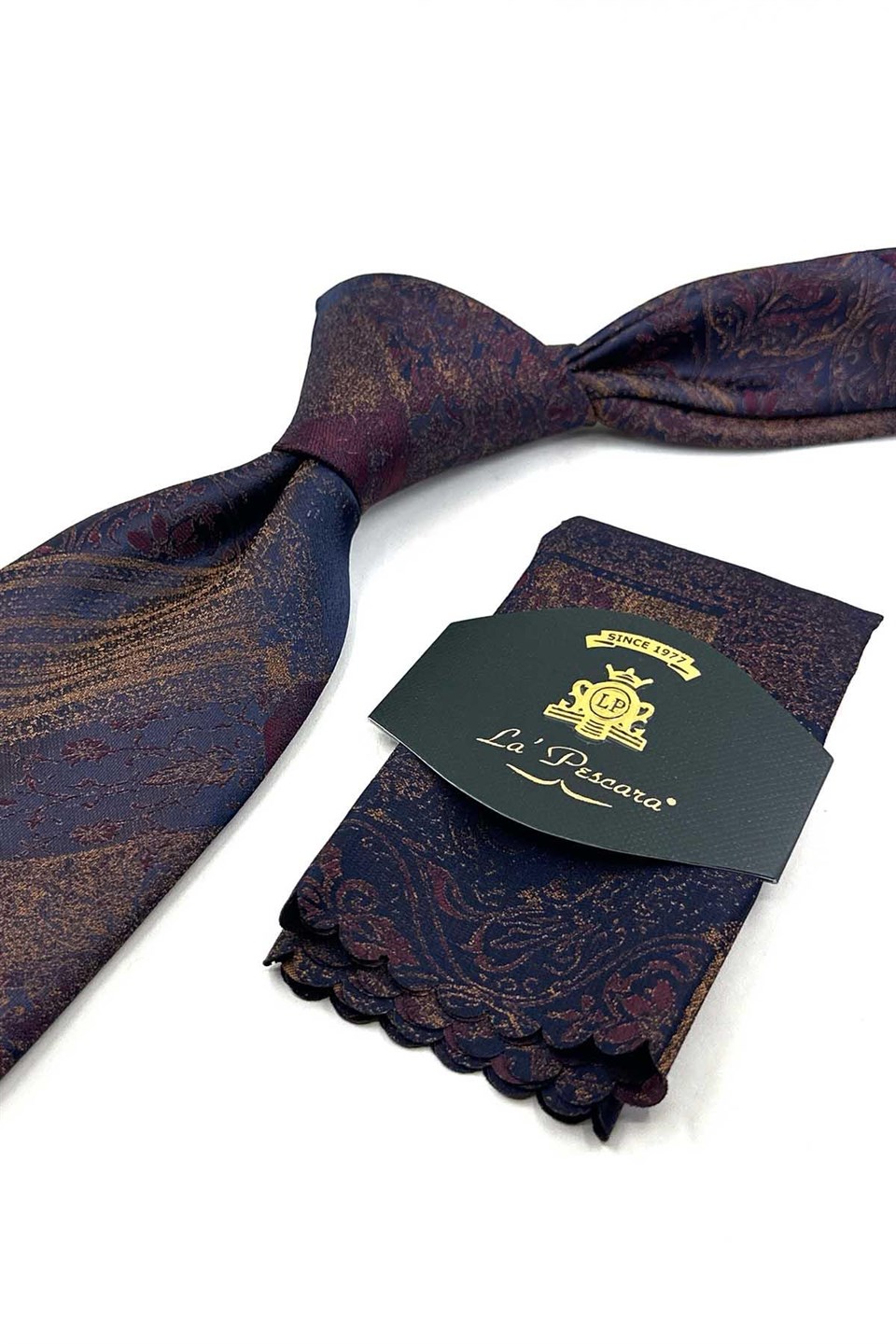 Lacivert Bordo Gold Motif Desen Mendilli Klasik Kravat KK13966