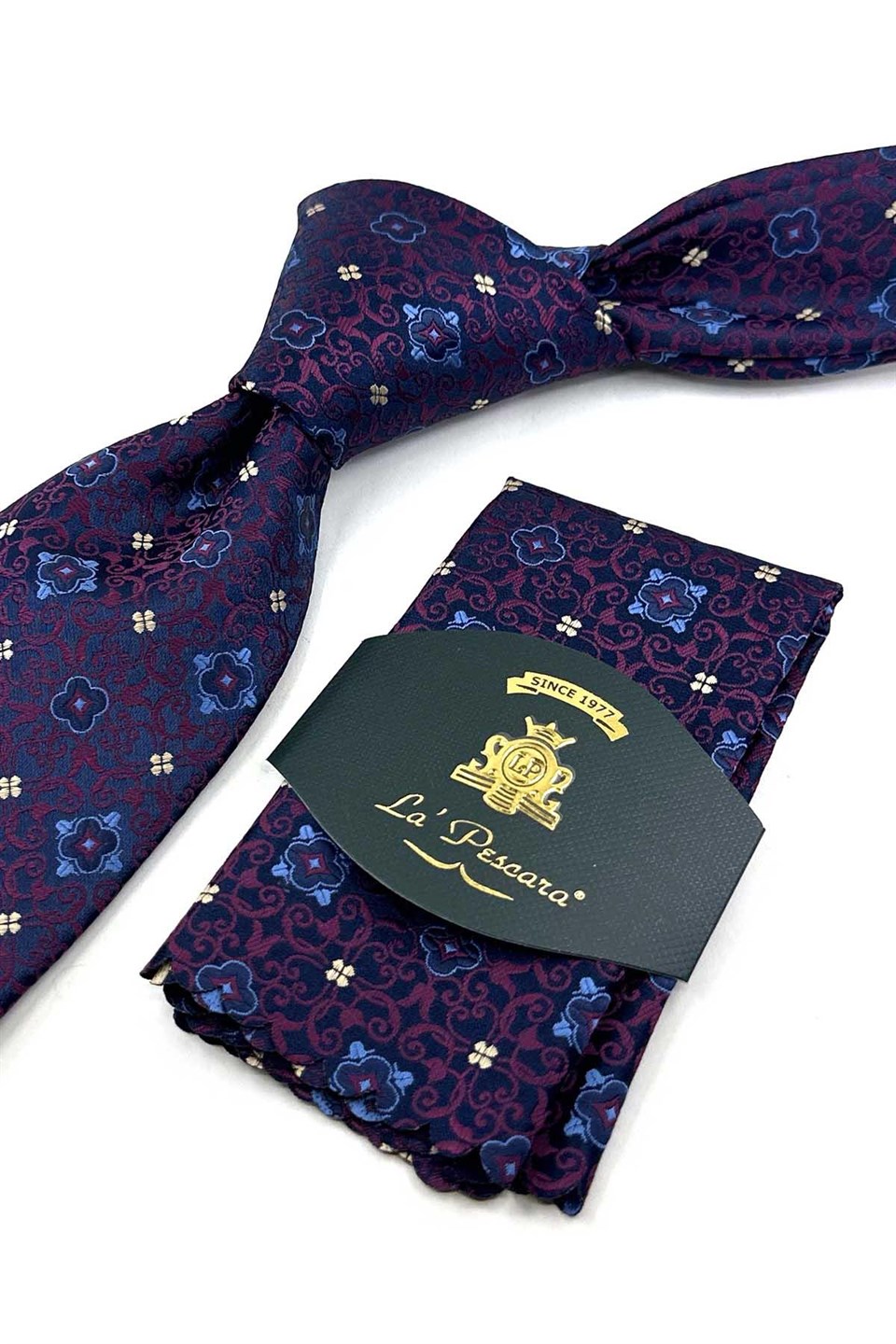 Lacivert Bordo Motif Desen Mendilli Klasik Kravat KK13923