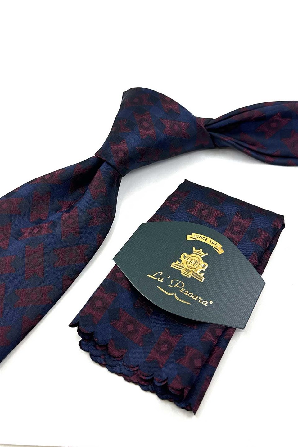 Lacivert Bordo Motif Desen Mendilli Klasik Kravat KK13934