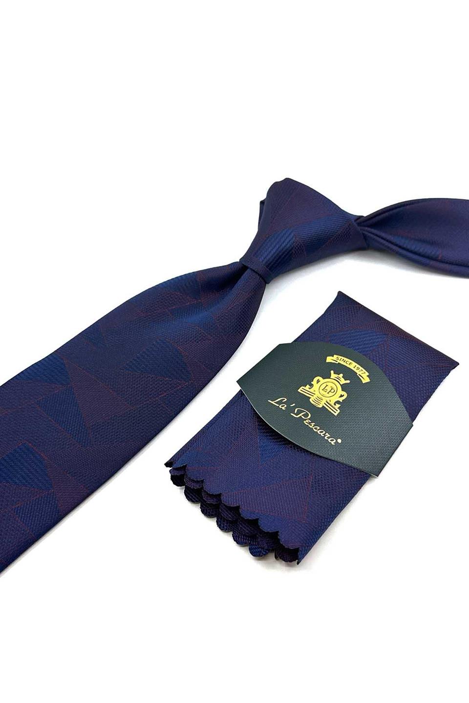 Lacivert - Bordo Motif Desen Mendilli Klasik Kravat KK12293