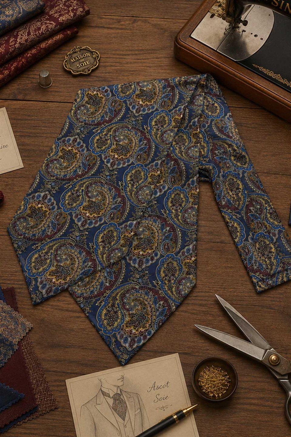 Lacivert Bordo Şal Desen İtalyan Ascot Kravat SAC114