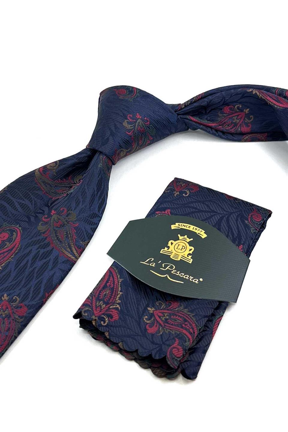 Lacivert - Bordo Şal Desen Mendilli Klasik Kravat KK13300