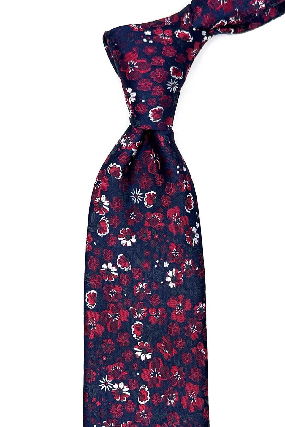Lacivert Çiçek Desen Mendilli Klasik Kravat KK13136