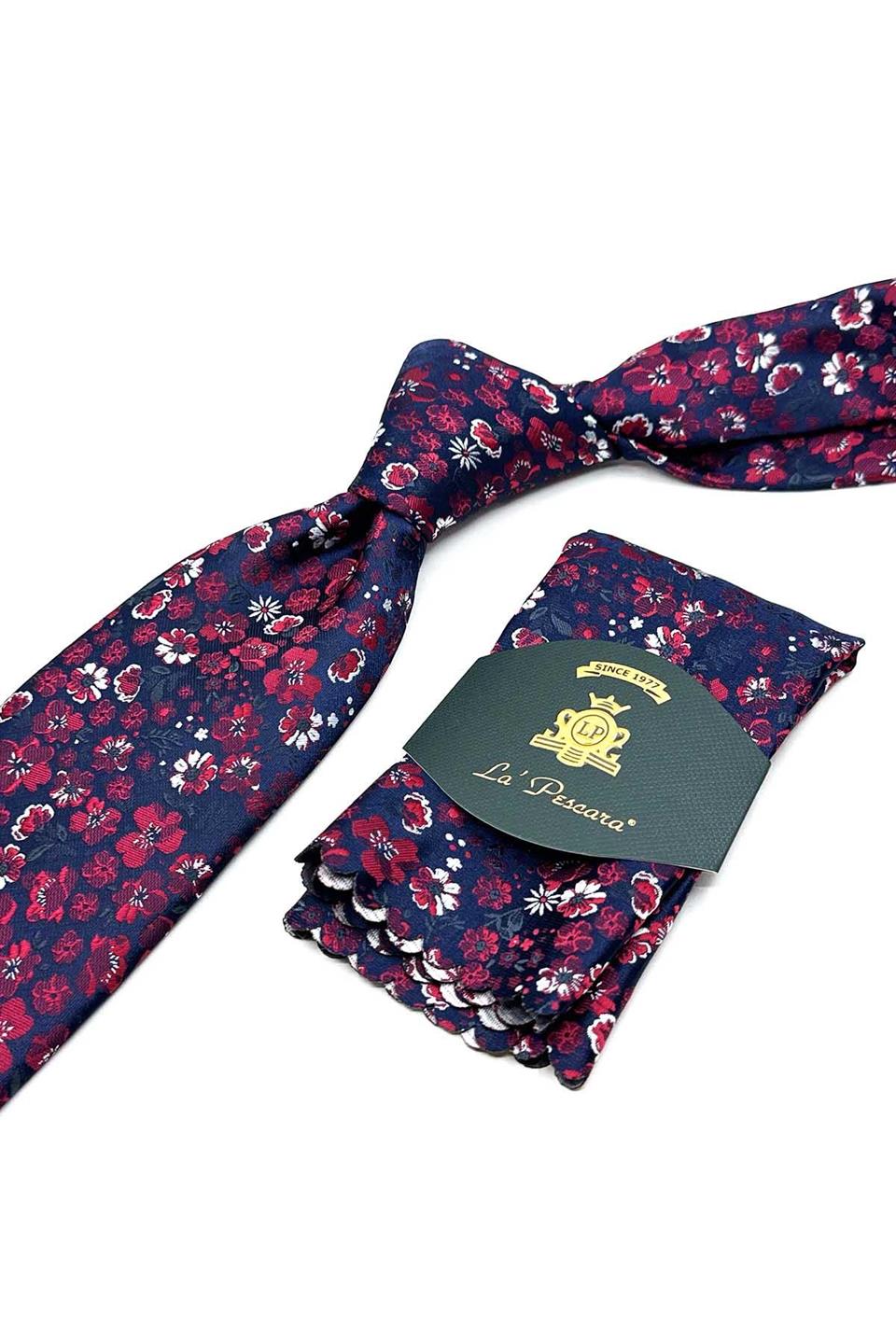 Lacivert Çiçek Desen Mendilli Klasik Kravat KK13136