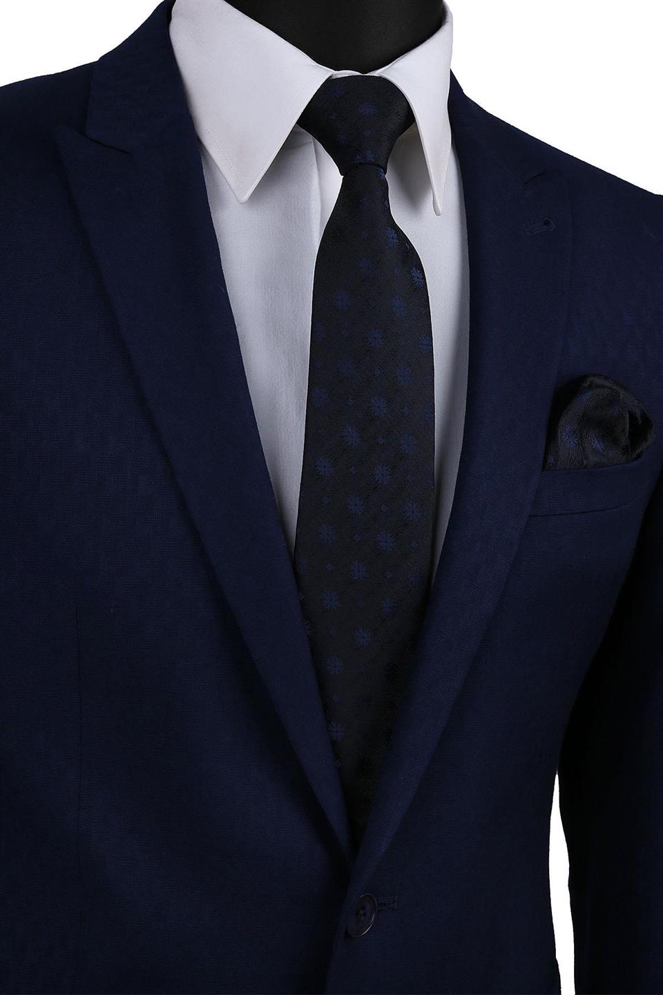 Lacivert Çiçek Desen Mendilli Klasik Kravat KK9487