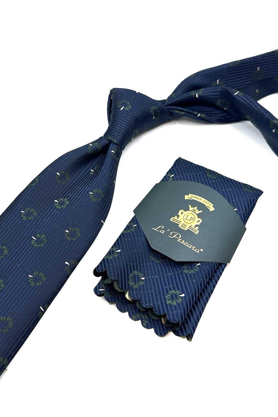Lacivert Çiçek Desen Mendilli Klasik Kravat KK13024