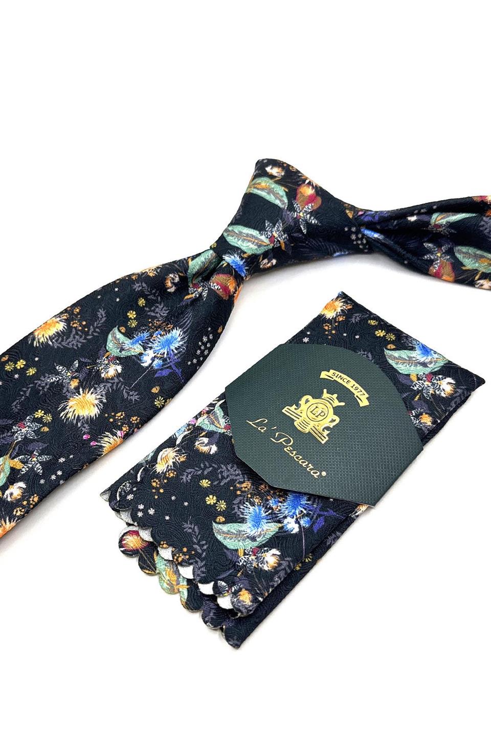 Lacivert Çiçek Desen Mendilli Klasik Kravat KK11770