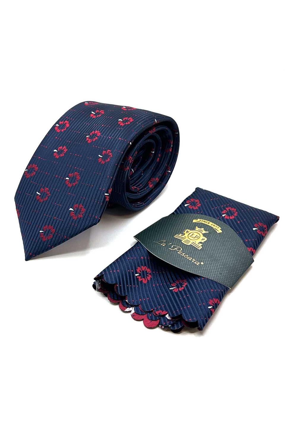 Lacivert Çiçek Desen Mendilli Klasik Kravat KK13020