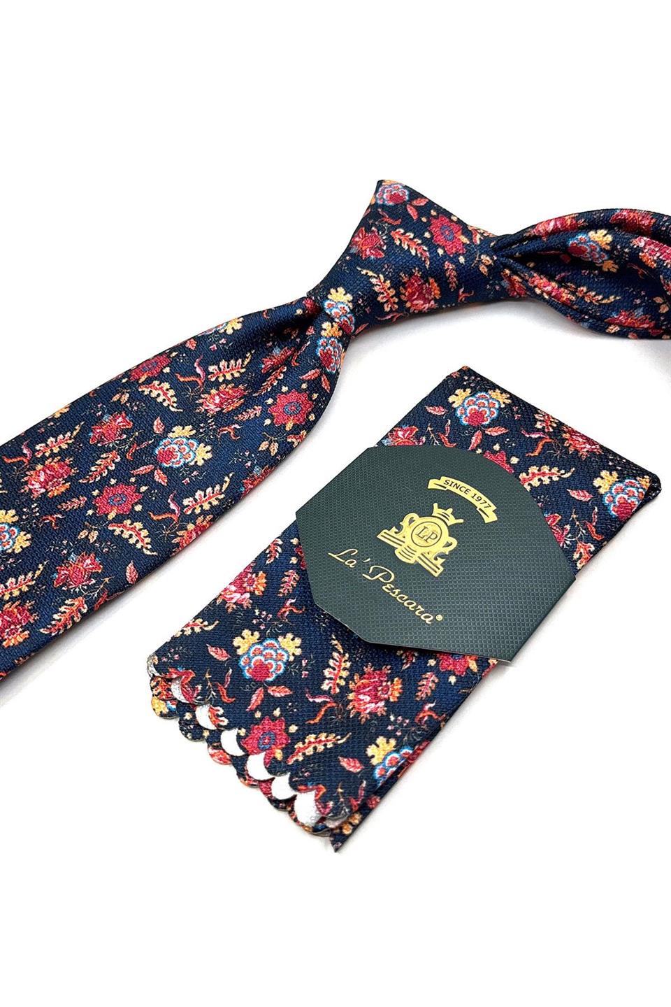 Lacivert Çiçek Desen Mendilli Klasik Kravat KK11788