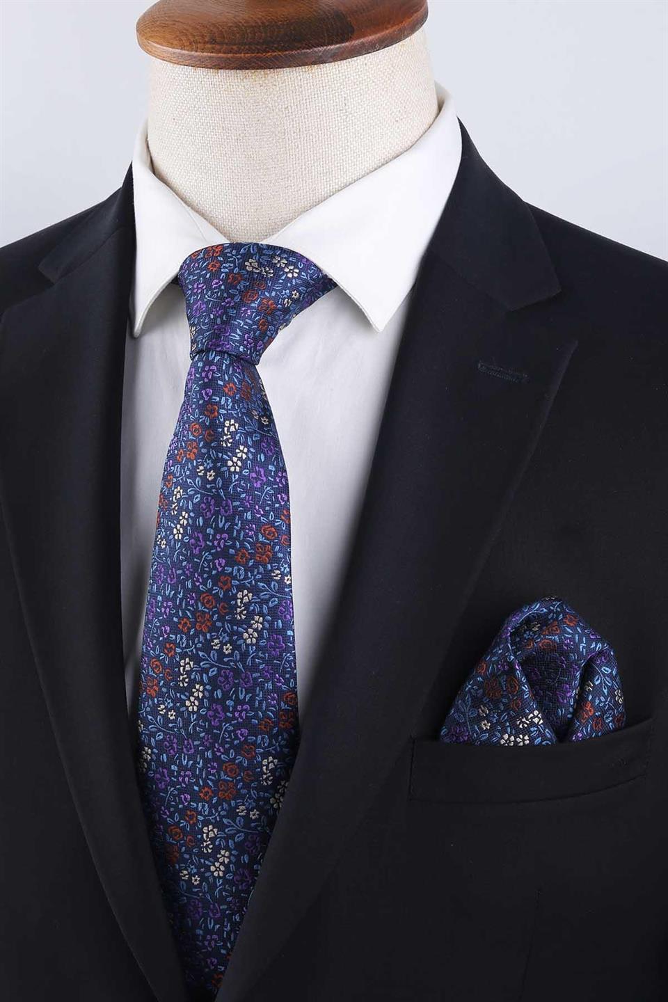 Lacivert Çiçek Desen Mendilli Klasik Kravat KK13158
