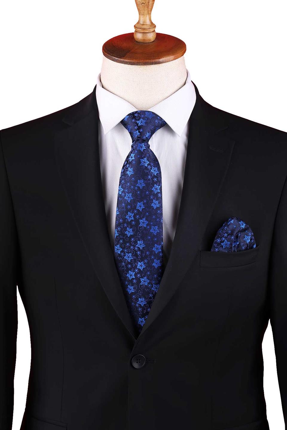 Lacivert Çiçek Desen Mendilli Klasik Kravat KK13141