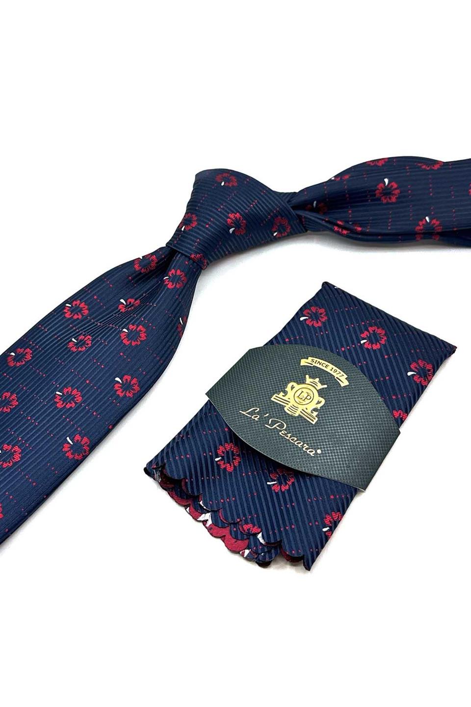 Lacivert Çiçek Desen Mendilli Klasik Kravat KK13020
