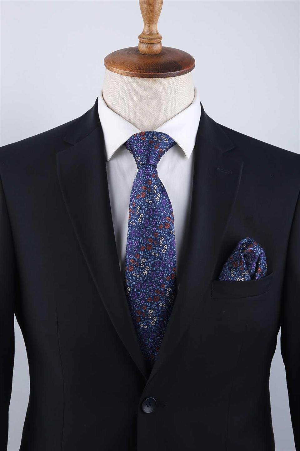 Lacivert Çiçek Desen Mendilli Klasik Kravat KK13158