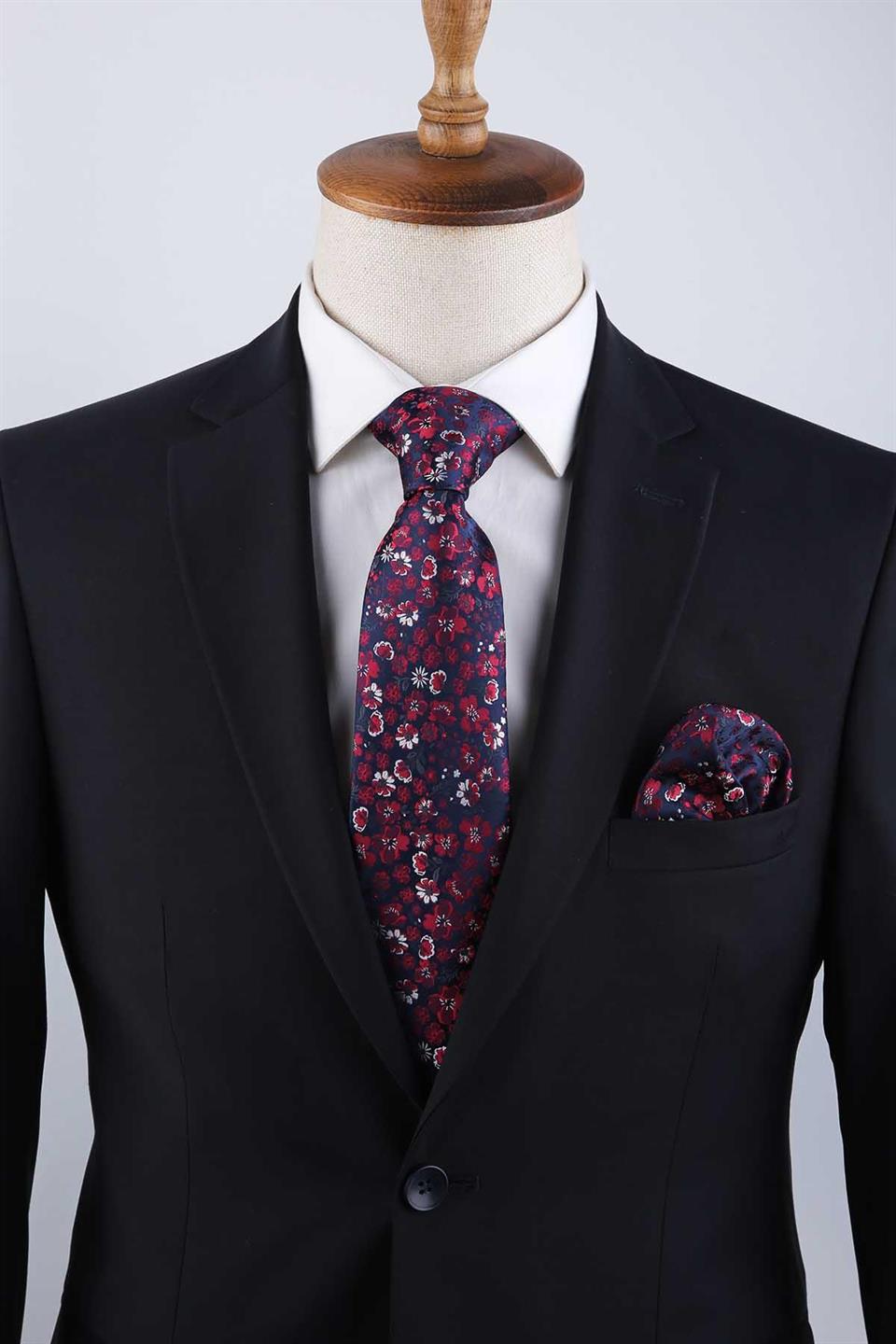 Lacivert Çiçek Desen Mendilli Klasik Kravat KK13136
