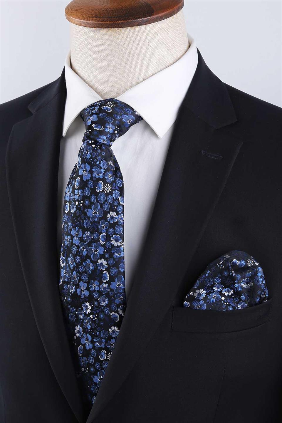 Lacivert Çiçek Desen Mendilli Klasik Kravat KK13132