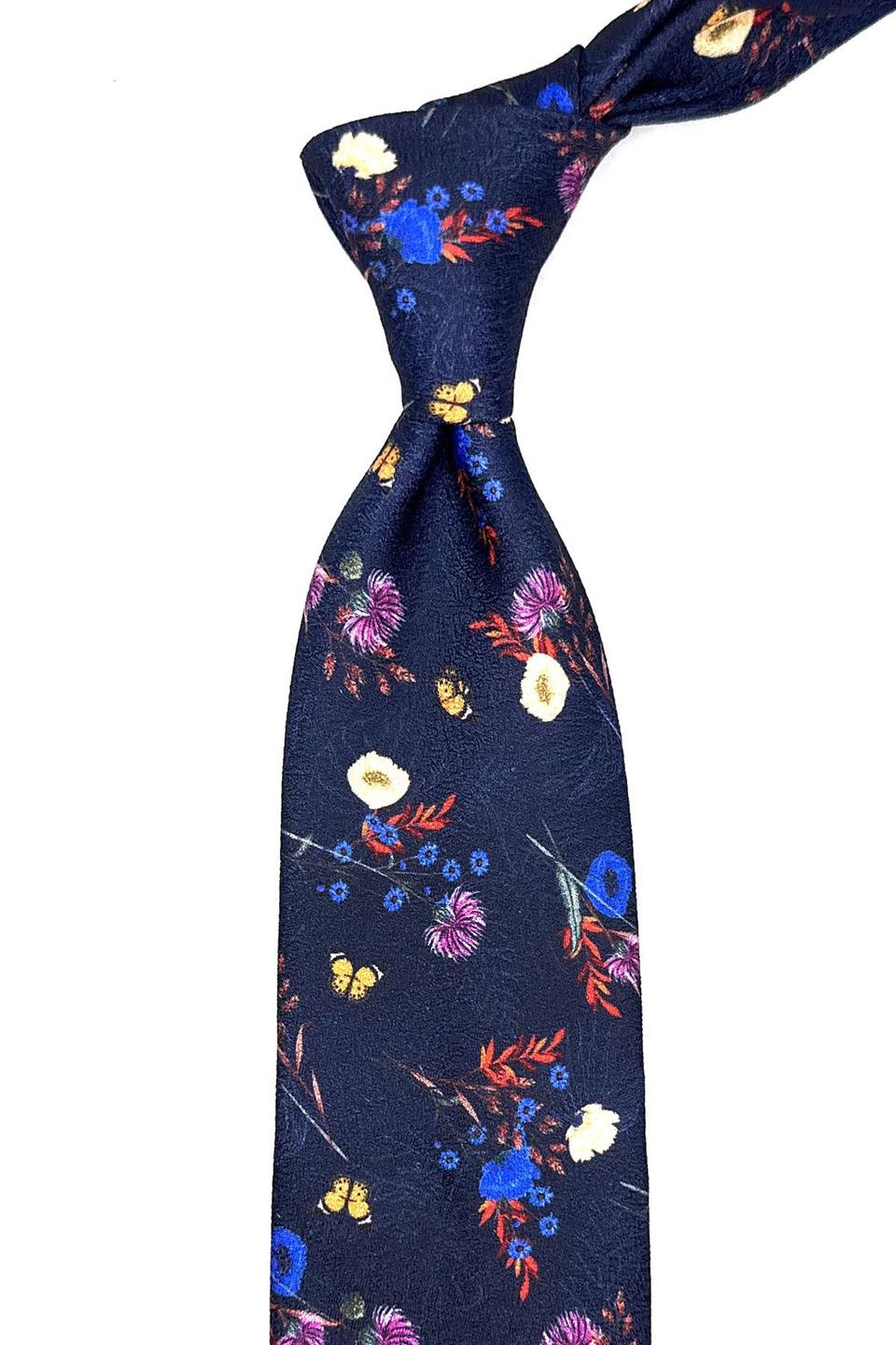 Lacivert Çiçek Desen Mendilli Klasik Kravat KK11782