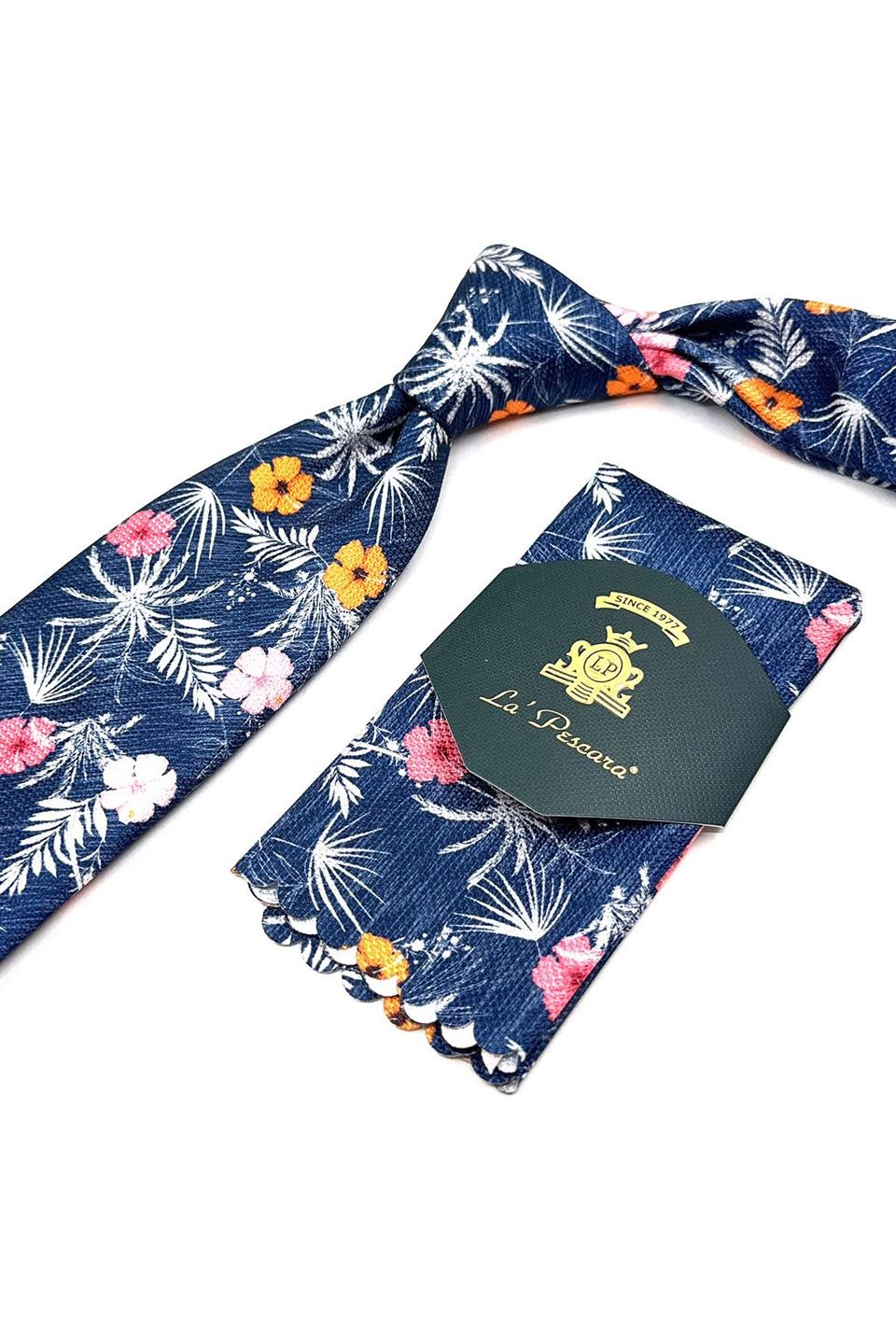 Lacivert Çiçek Desen Mendilli Klasik Kravat KK11781