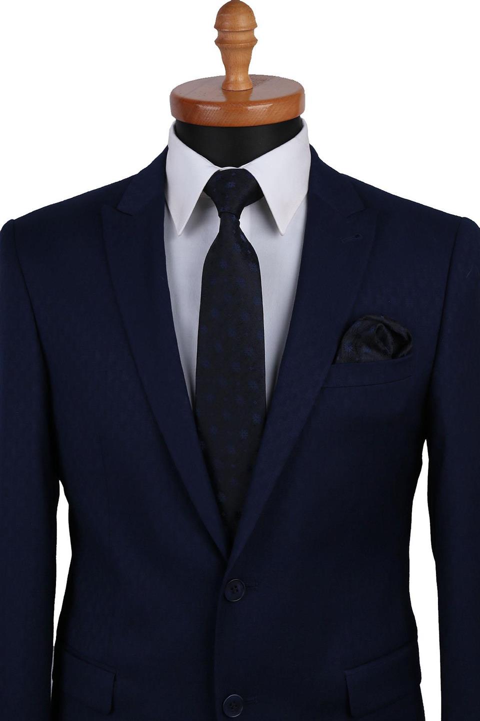 Lacivert Çiçek Desen Mendilli Klasik Kravat KK9487