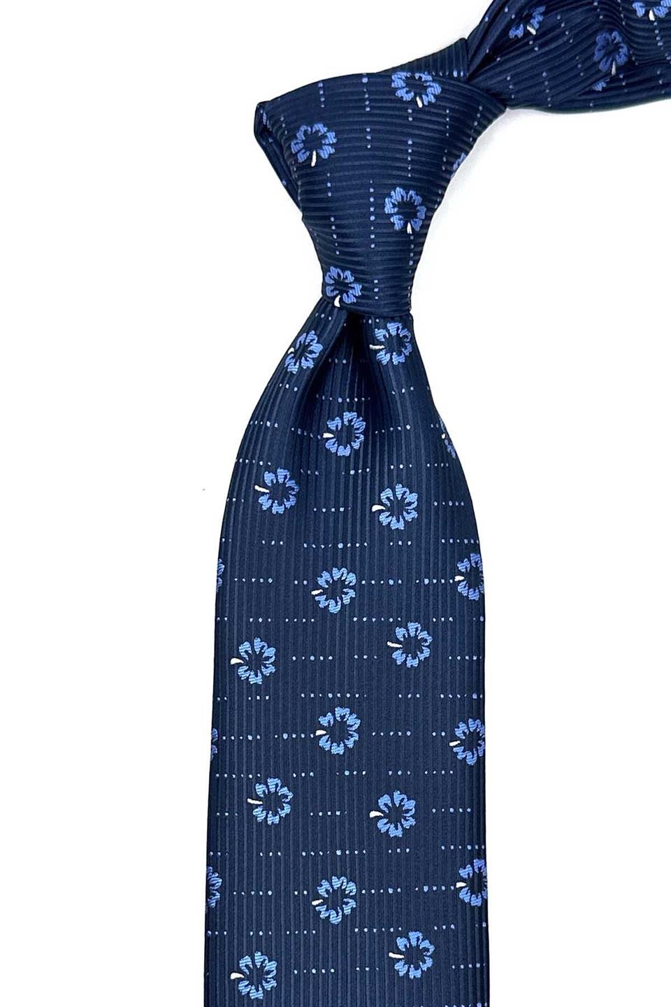 Lacivert Çiçek Desen Mendilli Klasik Kravat KK13018
