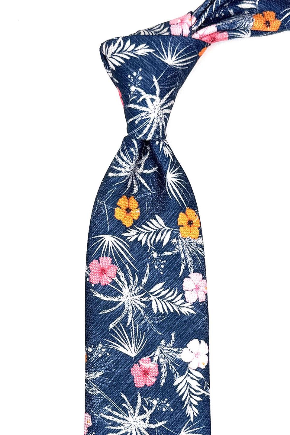 Lacivert Çiçek Desen Mendilli Klasik Kravat KK11781