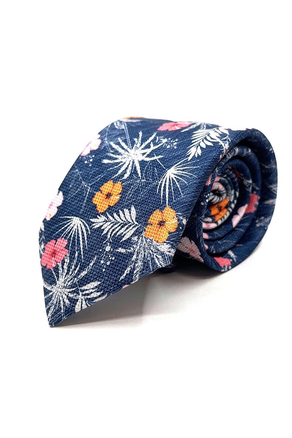 Lacivert Çiçek Desen Mendilli Klasik Kravat KK11781
