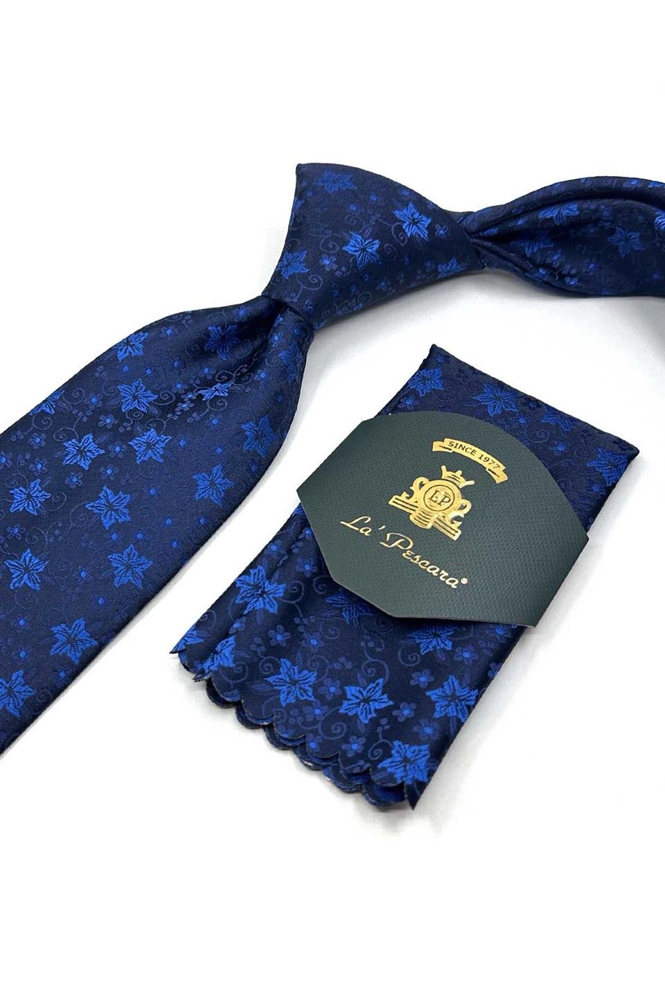 Lacivert Çiçek Desen Mendilli Klasik Kravat KK13141