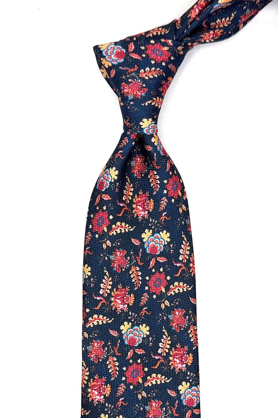 Lacivert Çiçek Desen Mendilli Klasik Kravat KK11788