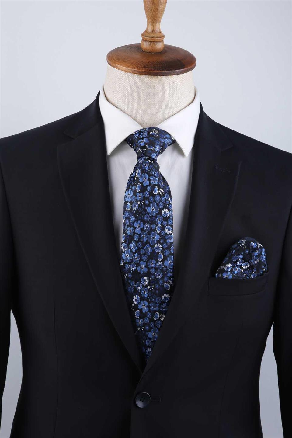 Lacivert Çiçek Desen Mendilli Klasik Kravat KK13132