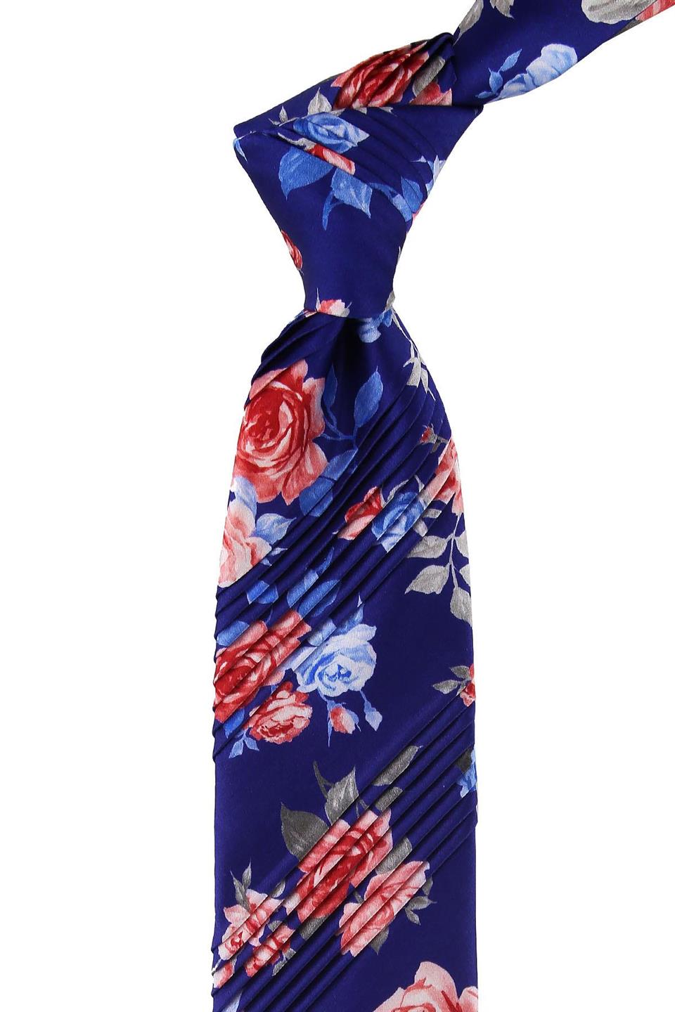 Lacivert Çiçek Desen Piliseli İpek Kravat EST146