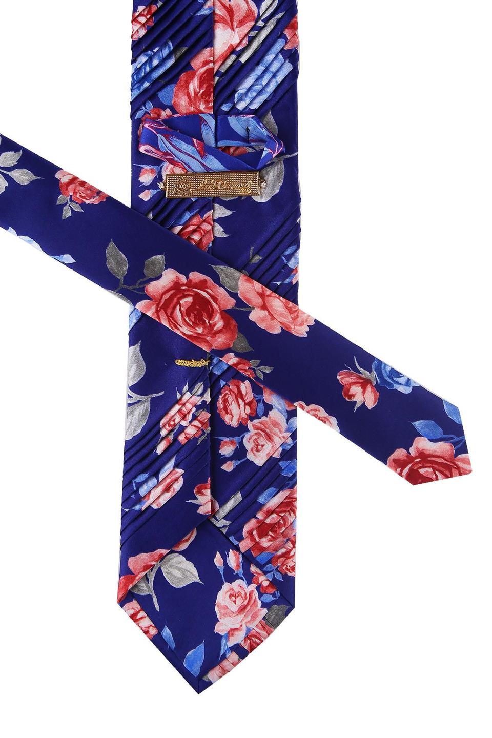 Lacivert Çiçek Desen Piliseli İpek Kravat EST146