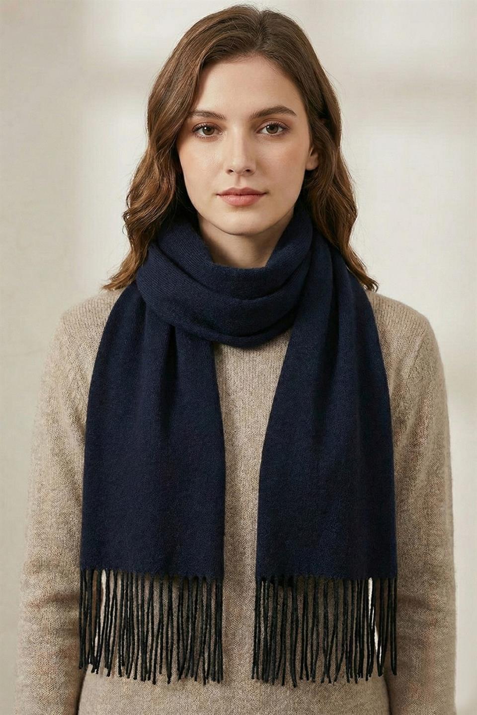 Unisex Lacivert - Siyah  Çift Taraflı Düz Erkek Kaşkol K316
