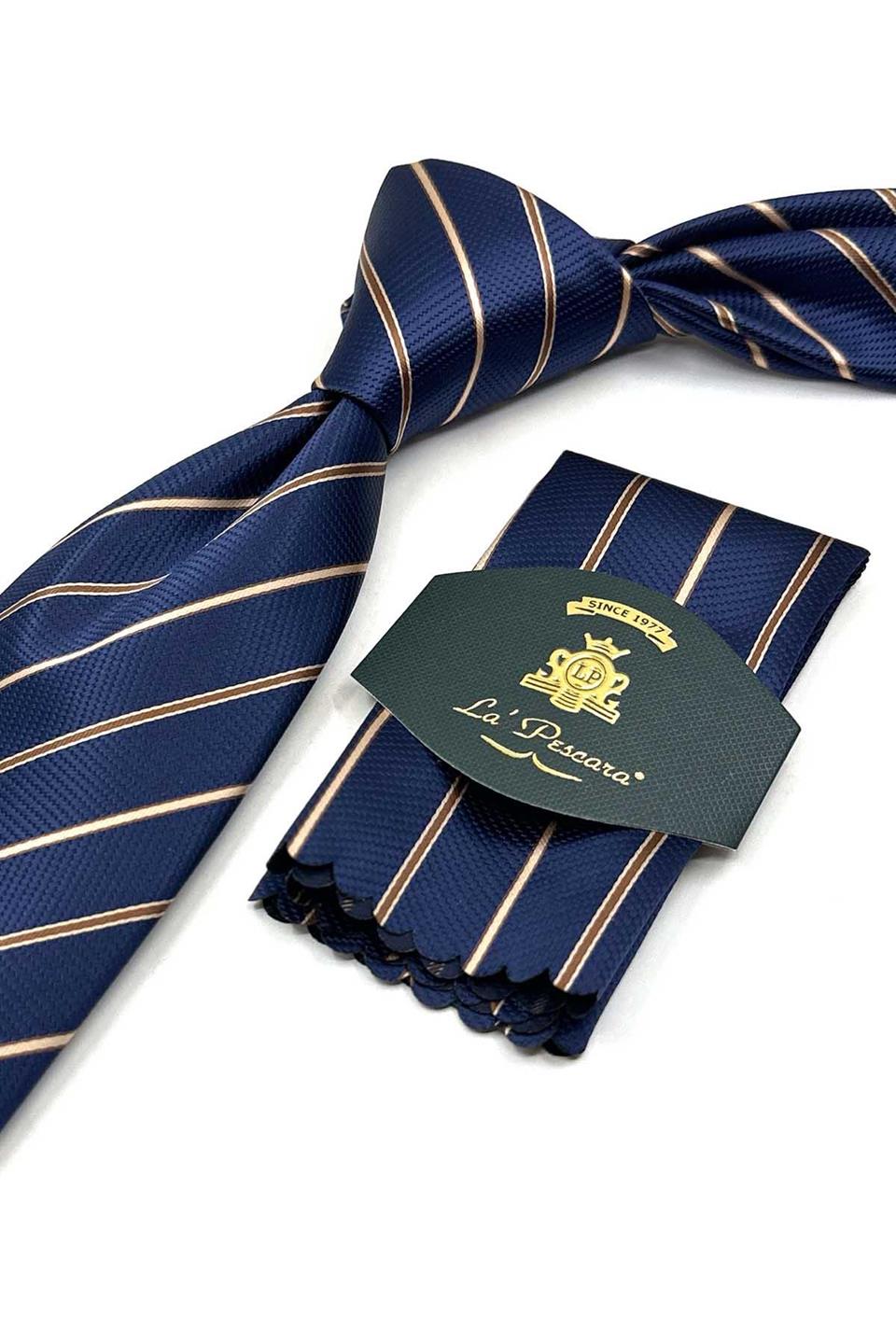 Lacivert Çizgi Desen Mendilli Klasik Kravat KK13684