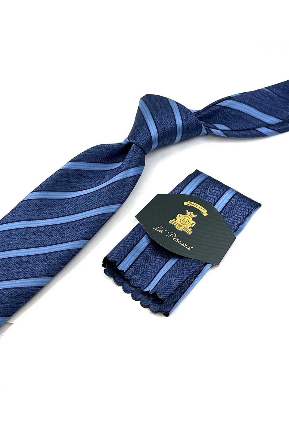 Lacivert Çizgi Desen Mendilli Klasik Kravat KK13194