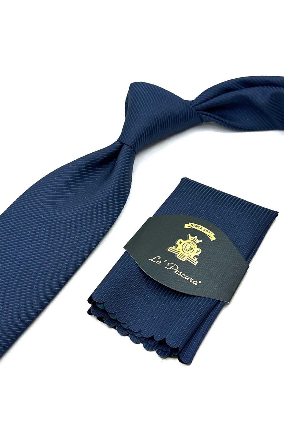 Lacivert Çizgi Desen Mendilli Klasik Kravat KK13083