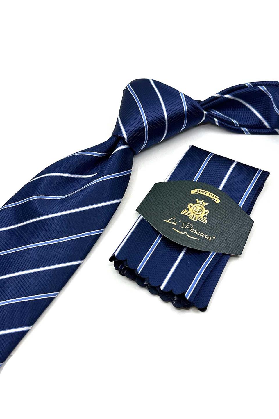 Lacivert Çizgi Desen Mendilli Klasik Kravat KK13682