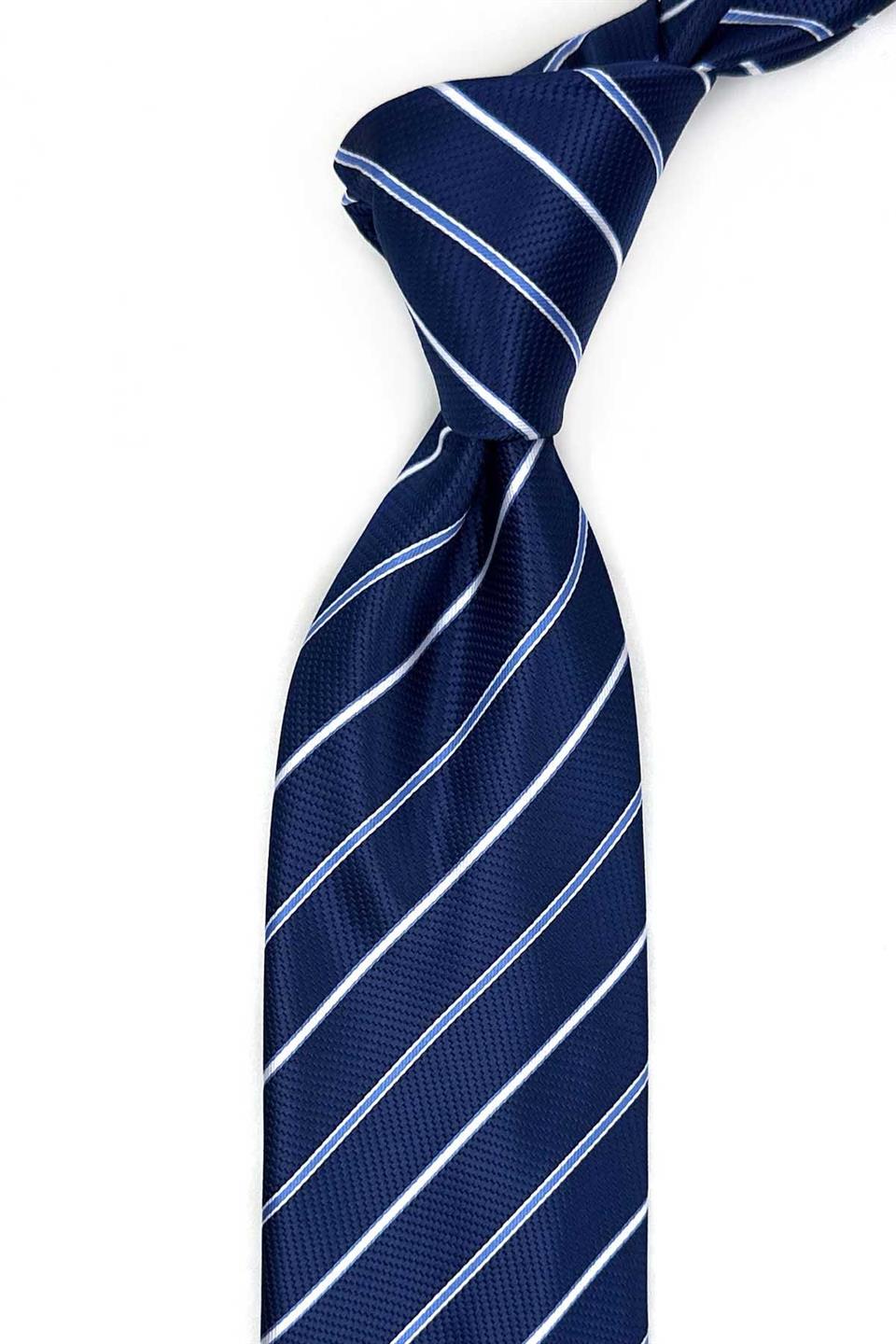 Lacivert Çizgi Desen Mendilli Klasik Kravat KK13682
