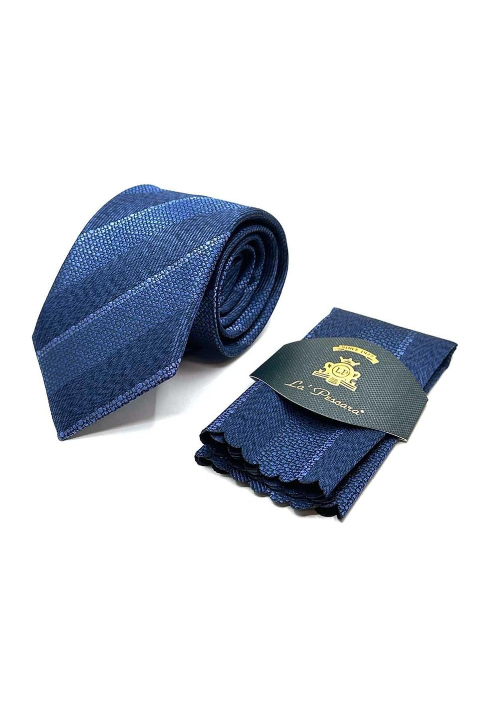 Lacivert Çizgi Desen Mendilli Klasik Kravat KK13102