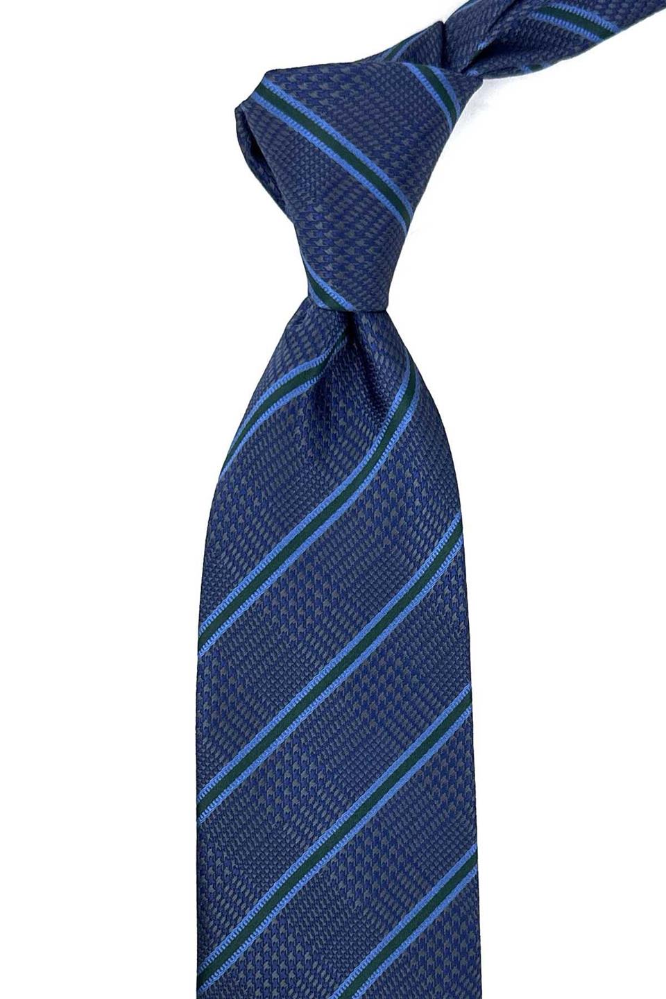 Lacivert Çizgi Desen Mendilli Klasik Kravat KK12371