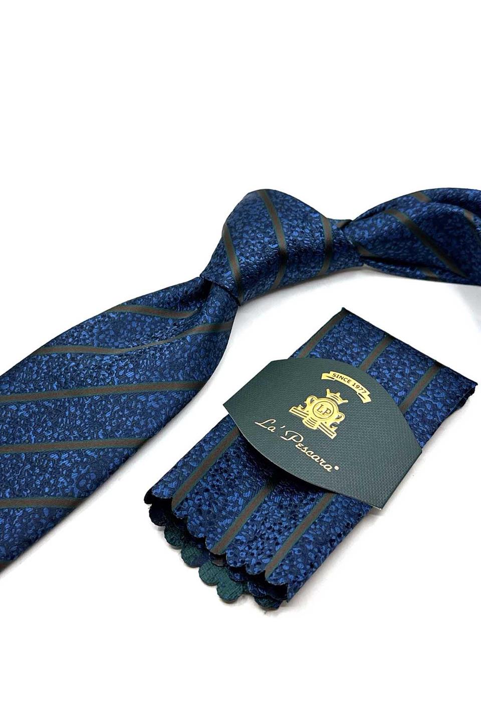 Lacivert Çizgi Desen Mendilli Klasik Kravat KK12917