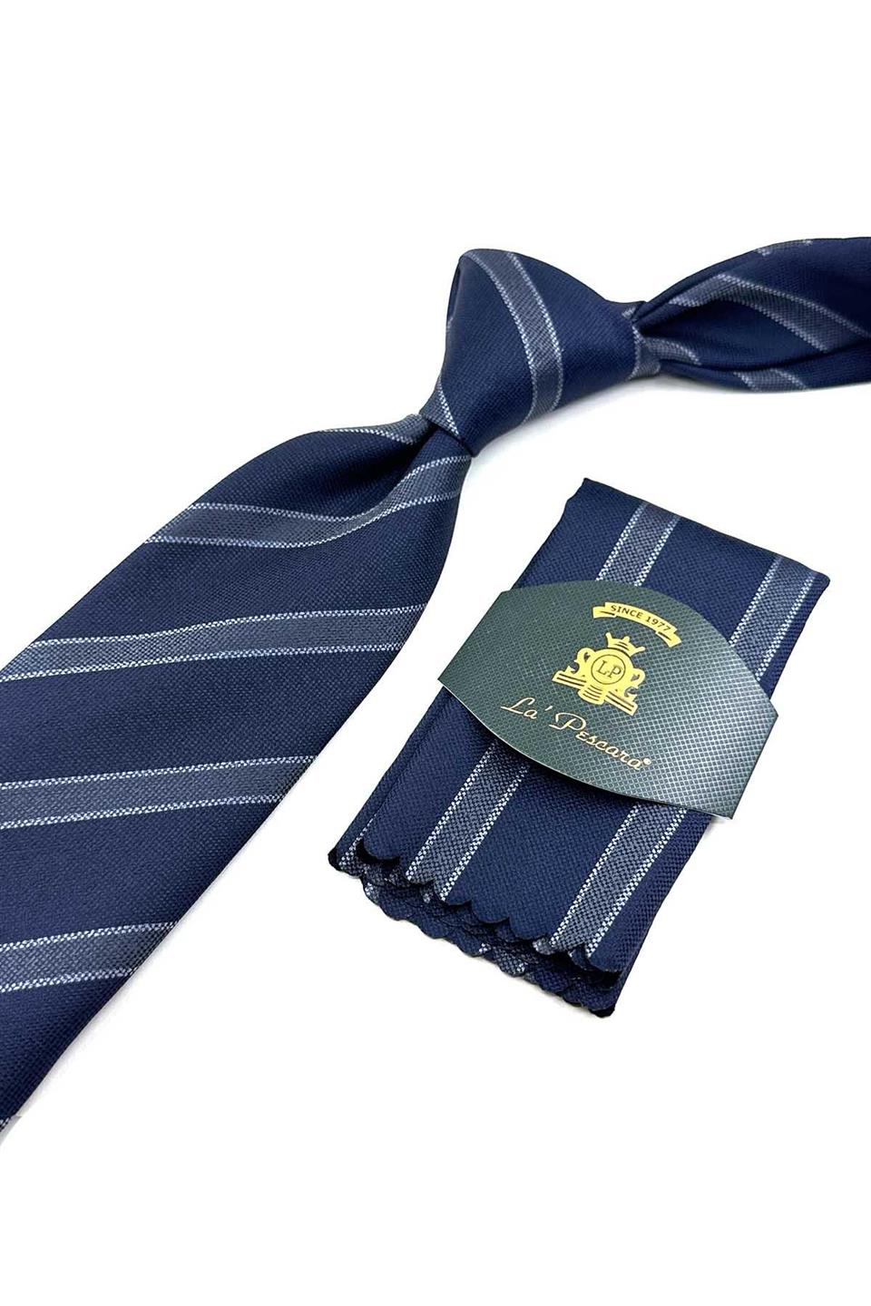 Lacivert Çizgi Desen Mendilli Klasik Kravat KK12670