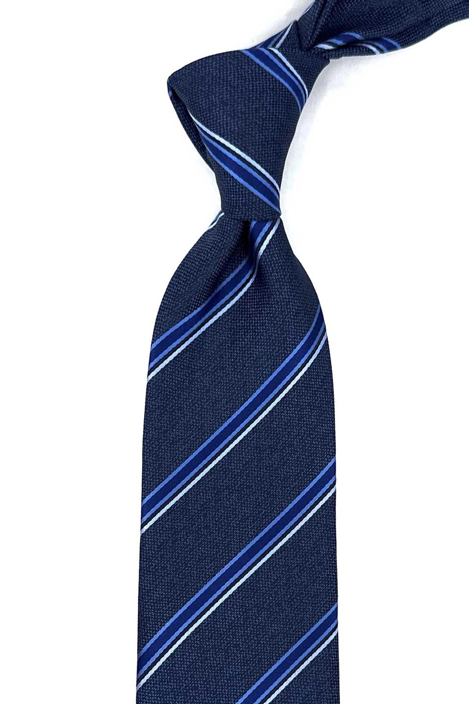 Lacivert Çizgi Desen Mendilli Klasik Kravat KK12268