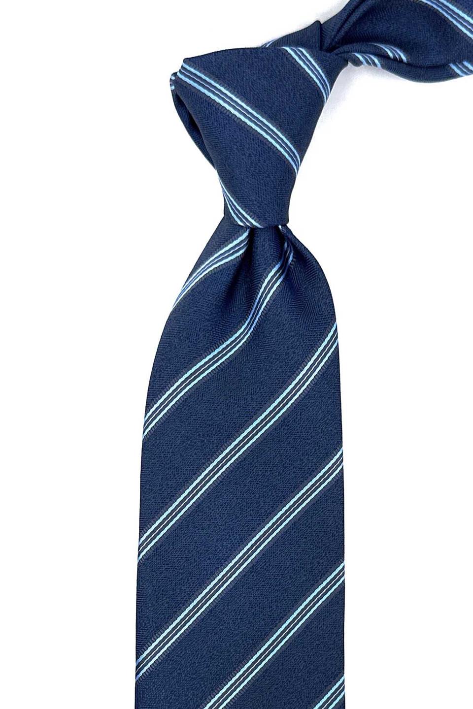 Lacivert Çizgi Desen Mendilli Klasik Kravat KK12354